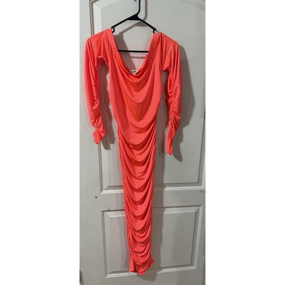 neon orange ruched dress Bright Orange Ruched Satin Skirt Corset Detail Dress